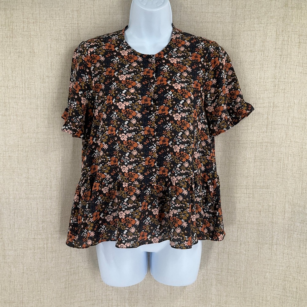 Madewell Womens XXS Silk Floral Peplum Top Ruffle Short Sleeve Button Front Rust